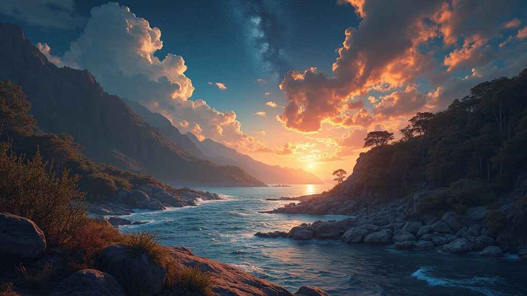 AI generated sunset landscape with mountains and coastline