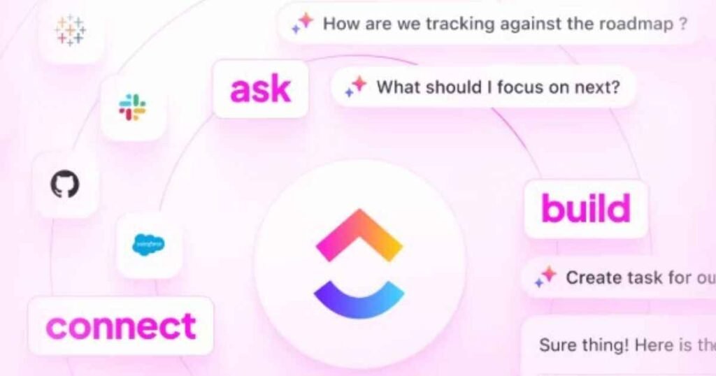 ClickUp AI interface showing smart prompts, task creation, and app integration