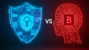Digital shield and AI brain representing cybersecurity vs AI
