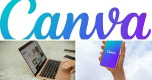 Designer using Canva AI on laptop with digital interface