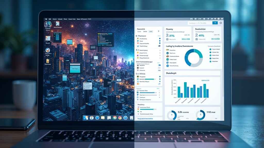 Split-screen showing chaotic desktop vs. clean Notion AI interface