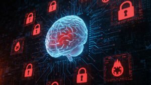 Digital concept of generative AI security threats with locks and warning icons