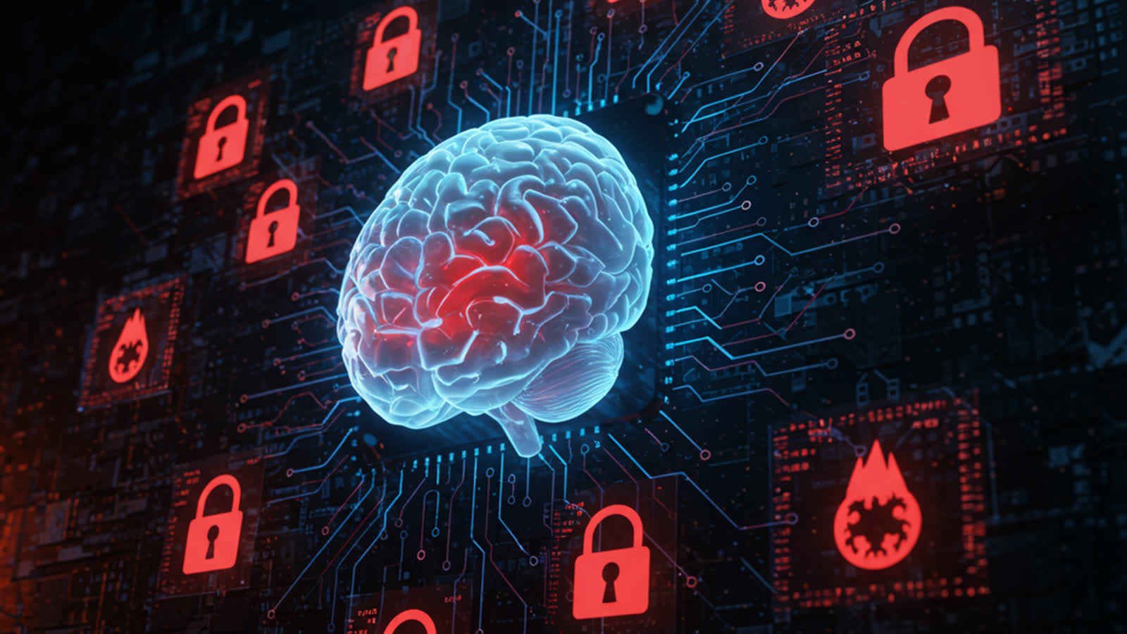 Digital concept of generative AI security threats with locks and warning icons