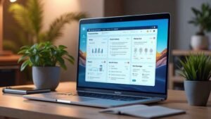 Laptop screen displaying a clean Notion dashboard with AI-powered productivity tools