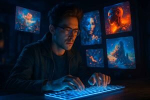 A futuristic designer using Midjourney prompts to generate viral AI art