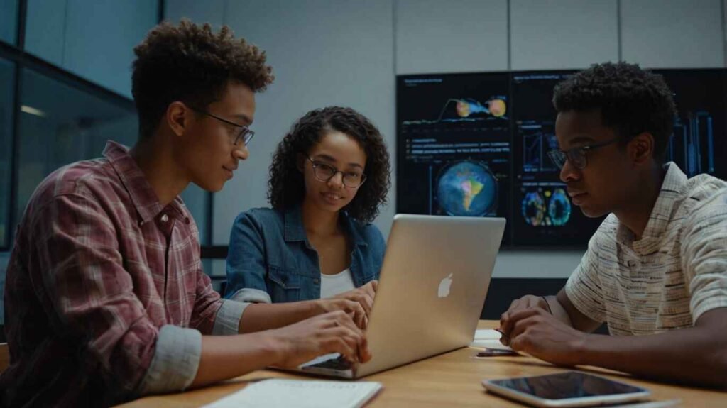 Multiple students collaborating on a shared Notion AI project board