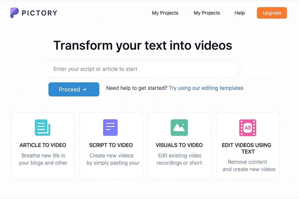 Screenshot of the Pictory AI video creation dashboard
