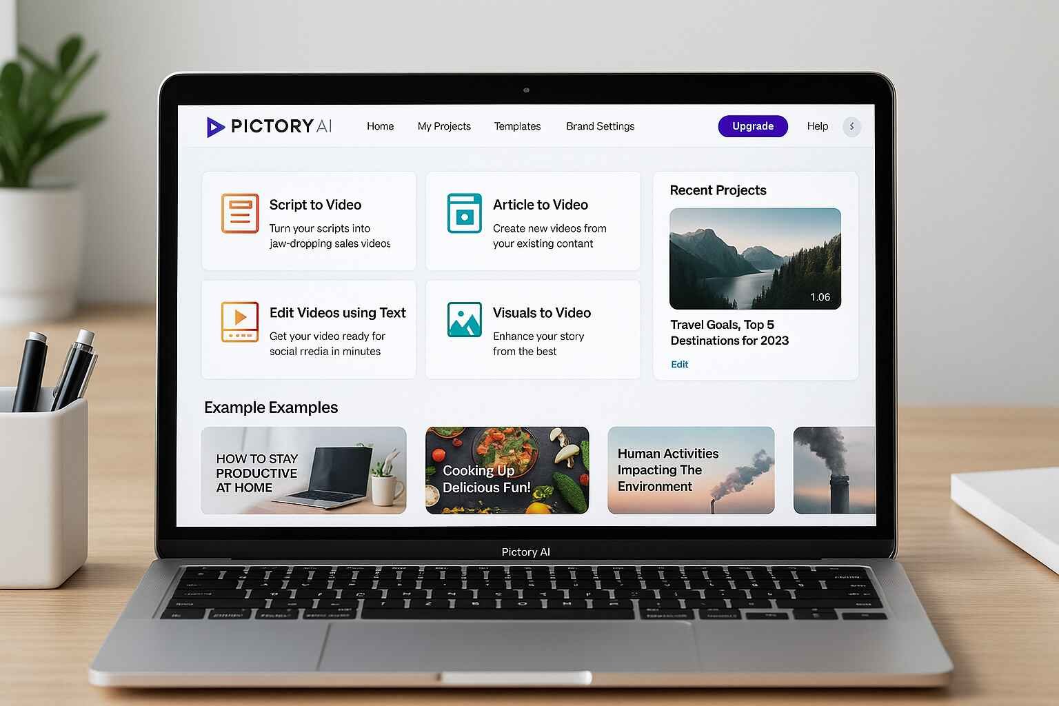 Pictory AI interface on laptop showing video editing tools