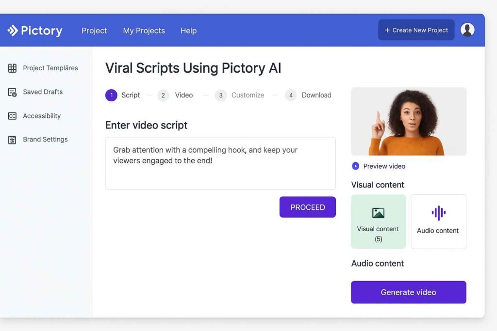Pictory AI dashboard with video script creation workflow