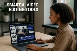 Smart AI video editing tools interface on a laptop screen