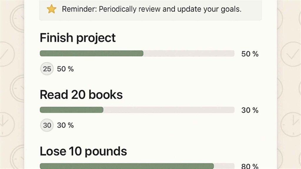 Notion interface showing goal tracker with AI reminders and progress bars