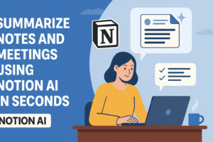 Flat-style illustration showing a woman using Notion AI to summarize notes and meetings