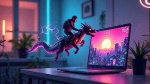 A marketer using Fotor AI on a laptop to enhance visual content