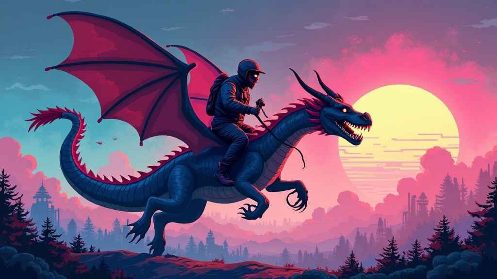 A glitch-art style dragon ride created with trending Midjourney prompts