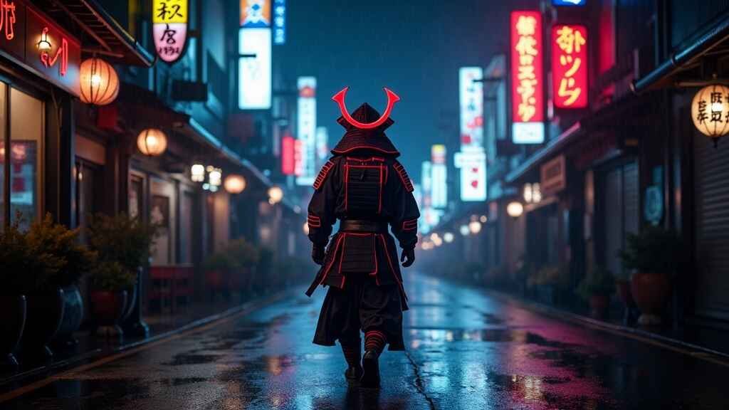 AI artwork of a neon samurai created with Midjourney prompts