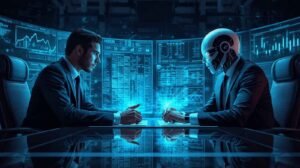 AI vs Accountants robot and human working together on financial reports