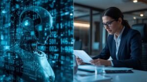 AI robot and human accountant working side by side, symbolizing the shift in accounting jobs.