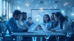 Business team analyzing resumes with AI graphics during the process to hire AI developer