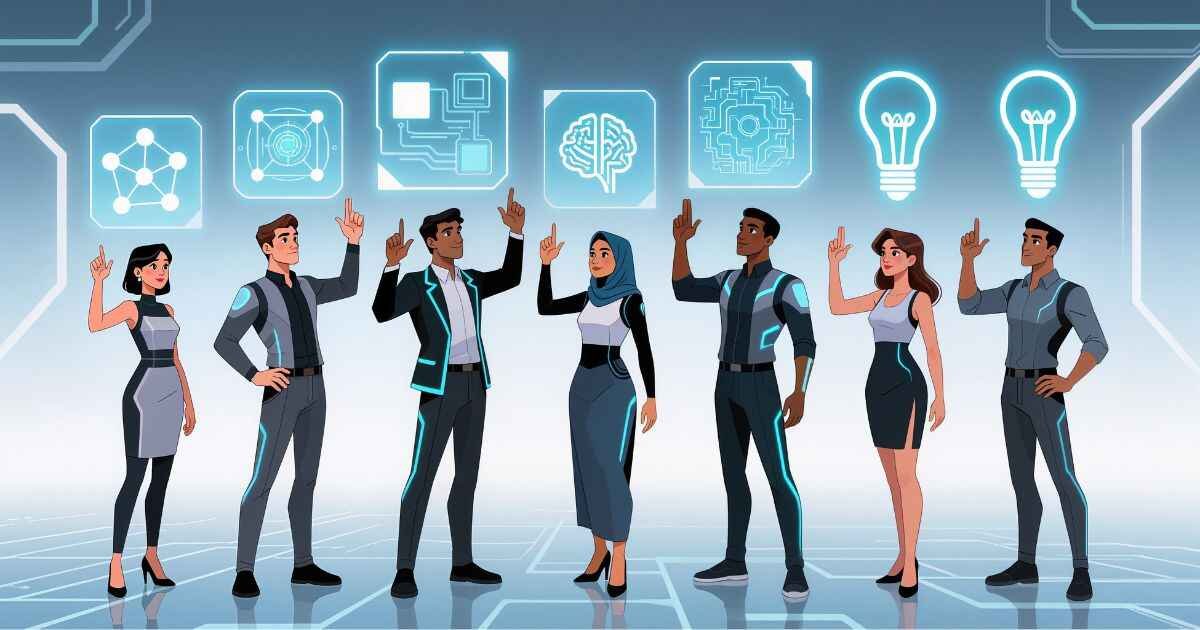 Diverse group of business professionals pointing to holographic icons representing different stages of AI implementation (network, data, brain, ideas), symbolizing the collaborative nature of AI Implementation Steps across departments.