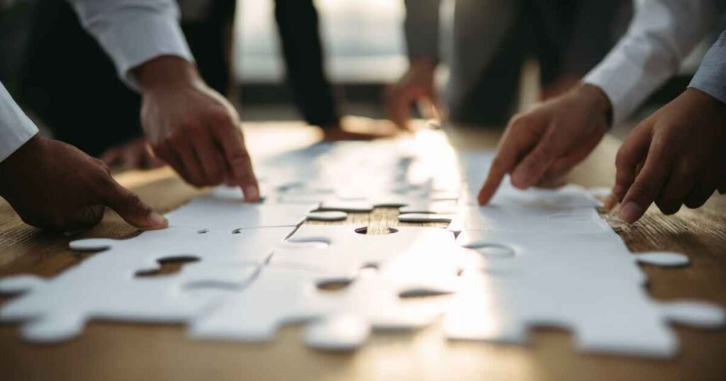 Multiple hands pointing to and fitting together pieces of a large white puzzle on a wooden table, symbolizing the strategic alignment and problem-solving required in the initial AI Implementation Steps.