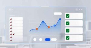 Holographic dashboard showing a line graph with a fluctuating but generally rising trend, with red markers indicating performance dips (drift) and green checkmarks indicating successful fixes, symbolizing the process of continuous AI Optimization.