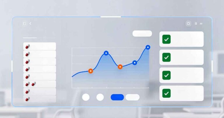 Holographic dashboard showing a line graph with a fluctuating but generally rising trend, with red markers indicating performance dips (drift) and green checkmarks indicating successful fixes, symbolizing the process of continuous AI Optimization.