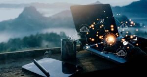 Laptop with glowing AI and cloud computing icons representing innovation by top AI consulting firms