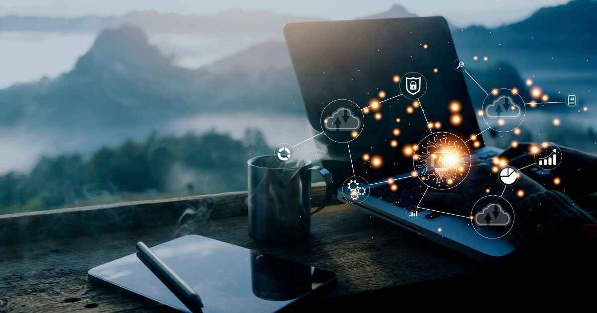 Laptop with glowing AI and cloud computing icons representing innovation by top AI consulting firms