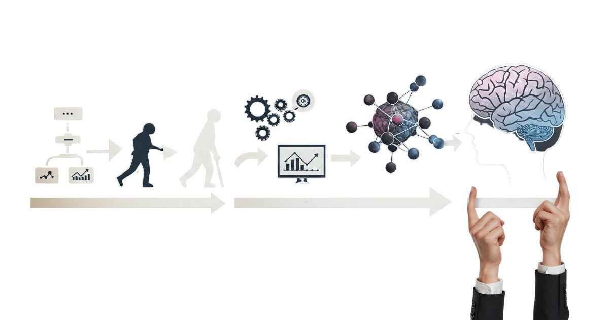 Conceptual diagram showing the progression from initial process steps to a complex AI brain and network held by hands, symbolizing the journey from pilot project to enterprise scale driven by AI Consulting Services.