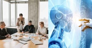 Split image showing a business team meeting on the left and a robotic hand reaching out on the right, symbolizing the strategic choice between AI Consulting vs In-House Team models.