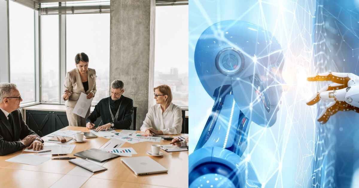 Split image showing a business team meeting on the left and a robotic hand reaching out on the right, symbolizing the strategic choice between AI Consulting vs In-House Team models.