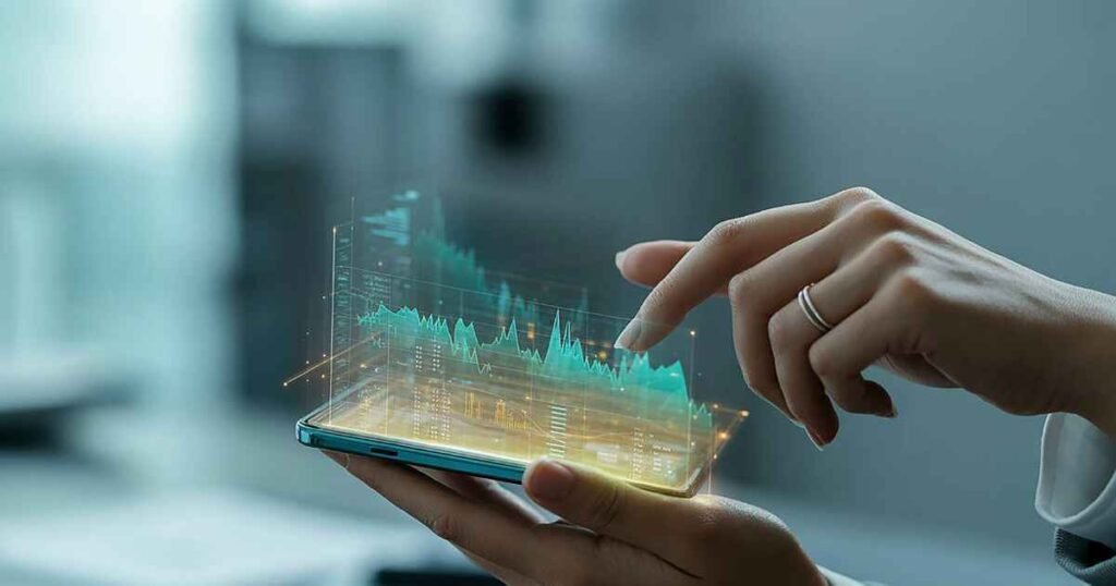 Person analyzing holographic AI data and analytics on a digital device representing consulting insights