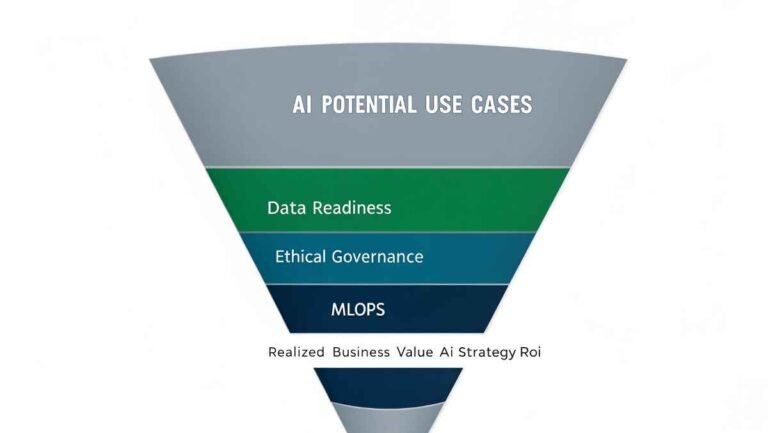 Diagram illustrating the AI Strategy ROI value funnel, showing a wide top (potential use cases) narrowing to a small bottom (realized business value) with filters for data quality, governance, and MLOps.