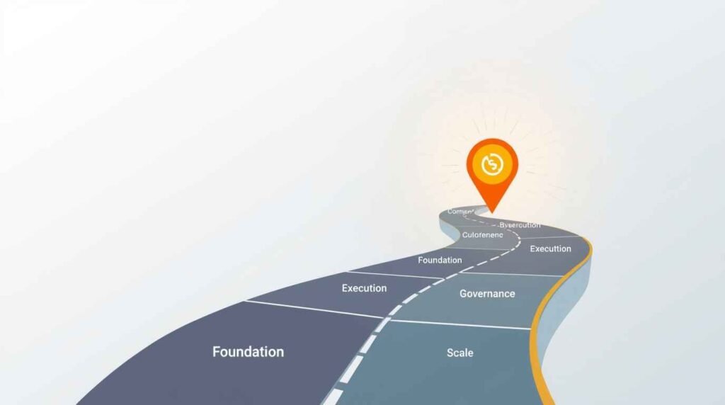 Stylized image of a clear, winding road or roadmap leading to a bright future, labeled with the 4 phases for overcoming AI Strategy Failures.