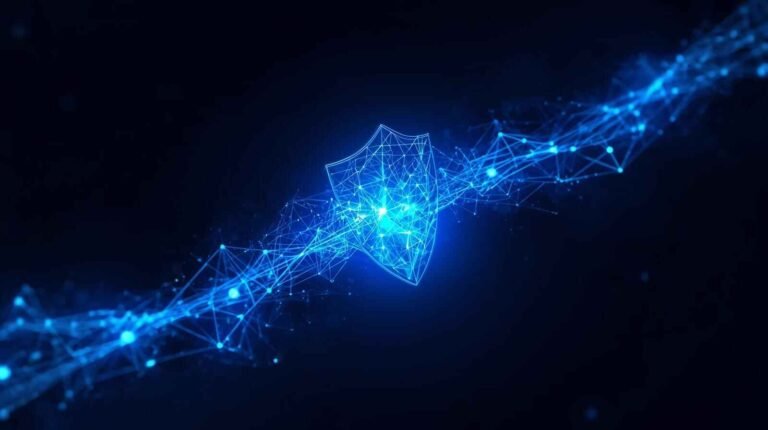 Illustration of AI in Cybersecurity with a digital shield and neural network defending data