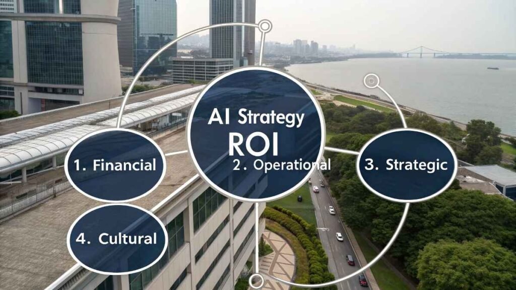 Conceptual image of a four-quadrant framework showing the four dimensions of AI Strategy ROI: Financial, Operational, Strategic, and Cultural.
