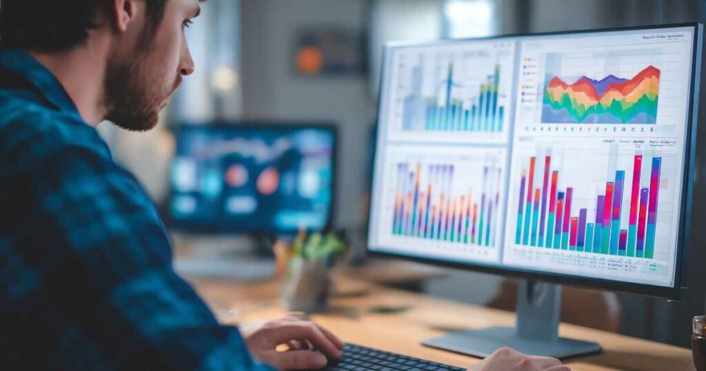 Screenshot or stylized graphic of a sleek, real-time digital dashboard showing key performance indicators (KPIs) with green, upward-trending graphs, all focused on AI ROI Measurement.