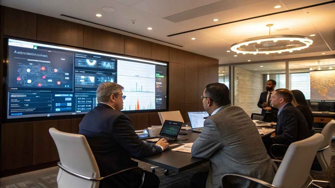 Executives reviewing AI Readiness Assessment results on data dashboards