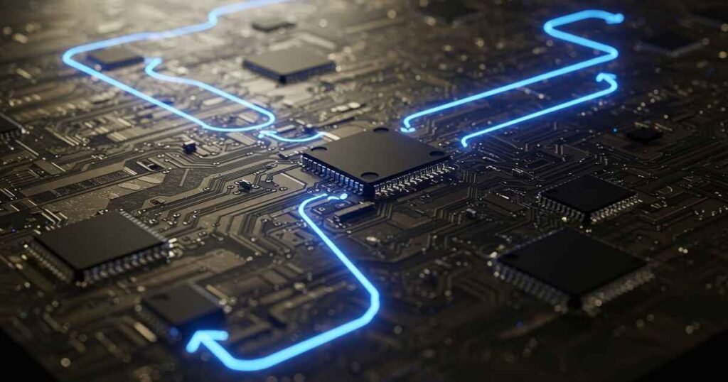 Close-up of a dark circuit board with glowing blue lines connecting various microchips, illustrating the technical integration and data flow required during the core AI Implementation Steps.