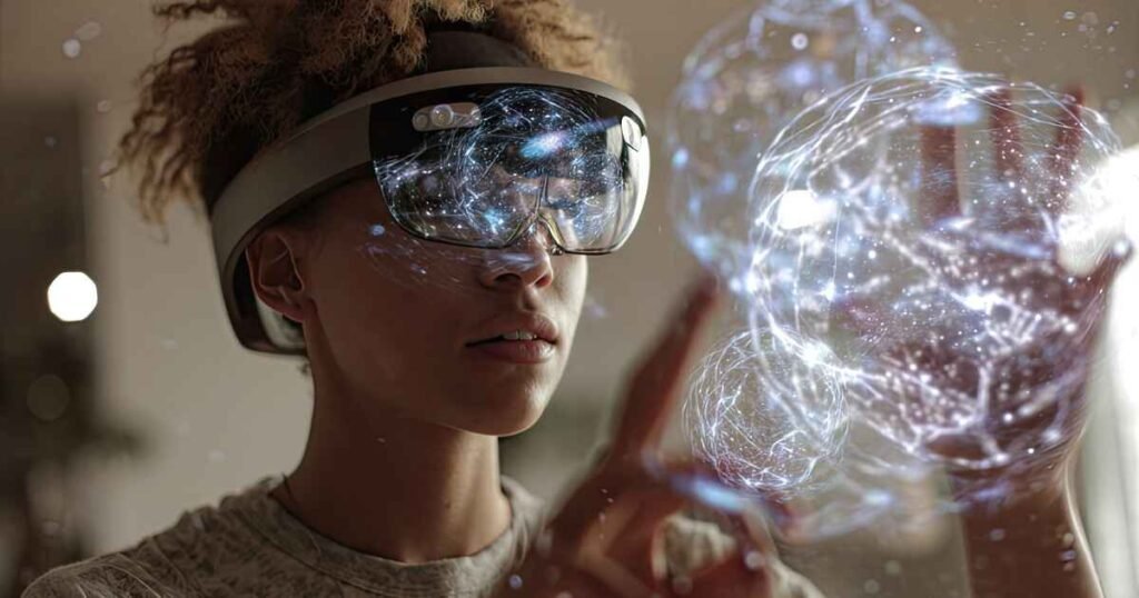 A woman wearing a futuristic mixed-reality headset interacting with glowing, complex data spheres, symbolizing the final user adoption and immersive experience of the deployed AI solution.