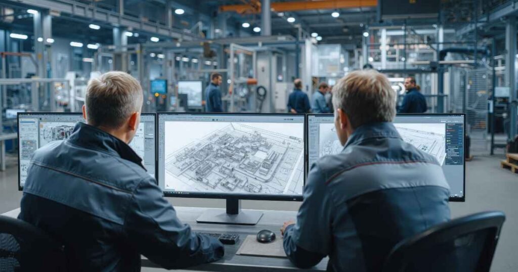 Two engineers in an industrial setting reviewing a complex 3D technical blueprint of a factory or system on dual monitors, illustrating the technical integration aspect of AI Consultant Roles.