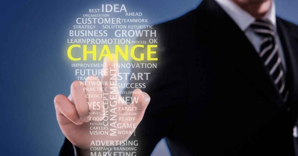 	
A business professional touching a glowing word cloud with the word "CHANGE" highlighted, surrounded by terms like 'BUSINESS GROWTH,' 'INNOVATION,' and 'MANAGEMENT,' symbolizing the change agent aspect of AI Consultant Roles.