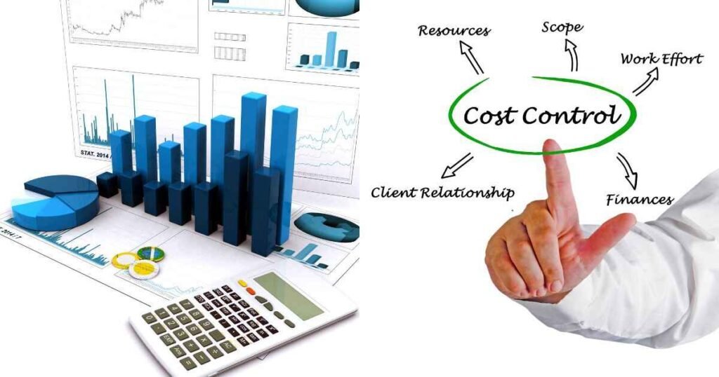 A split image showing financial charts and a calculator on the left, and a hand pointing to a diagram labeled "Cost Control" on the right, illustrating the financial and control metrics central to the AI Consulting vs In-House Team comparison.