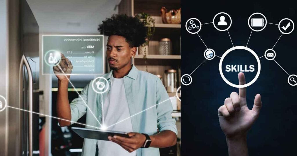 	
A split image showing a person interacting with a holographic data screen and a hand touching a central circle labeled "SKILLS" connected to icons for data analysis, communication, and strategy, representing the essential AI Consultant Roles skills.