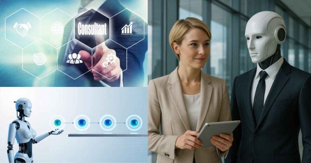 A composite image showing a business person interacting with a 'Consultant' icon, a robot presenting a clear process flow, and a business person standing next to a humanoid robot in a suit, symbolizing the immediate, expert, and technological access provided by AI Consulting in the AI Consulting vs In-House Team comparison.