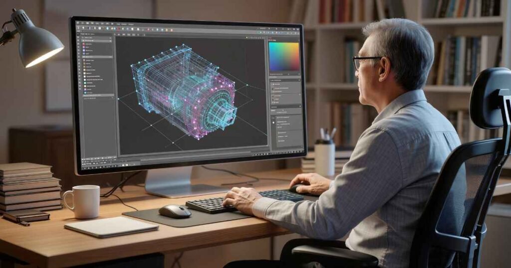 An experienced engineer working on a complex, proprietary 3D wireframe design on a computer screen, symbolizing the deep context and IP ownership of an in-house team in the AI Consulting vs In-House Team debate.